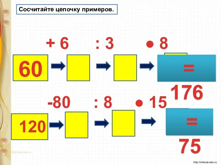 + 6 : 3 ● 8 60 = 176 120 -80