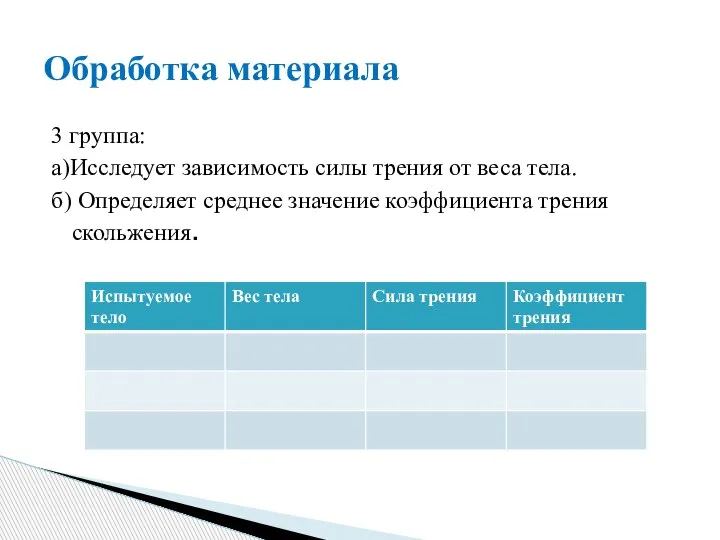 3 группа: а)Исследует зависимость силы трения от веса тела. б) Определяет