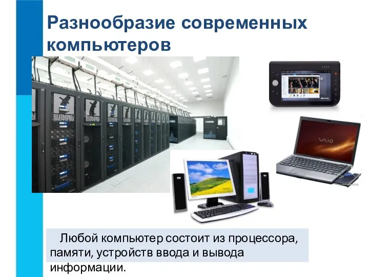 Разнообразие современных компьютеров Любой компьютер состоит из процессора, памяти, устройств ввода и вывода информации.