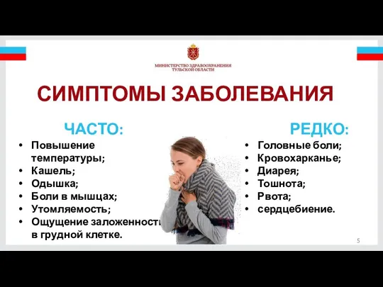 СИМПТОМЫ ЗАБОЛЕВАНИЯ ЧАСТО: Повышение температуры; Кашель; Одышка; Боли в мышцах; Утомляемость;