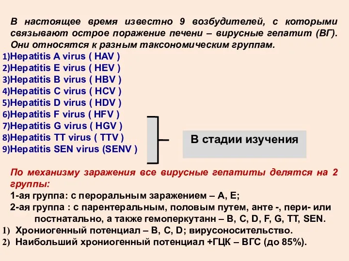 В настоящее время известно 9 возбудителей, с которыми связывают острое поражение