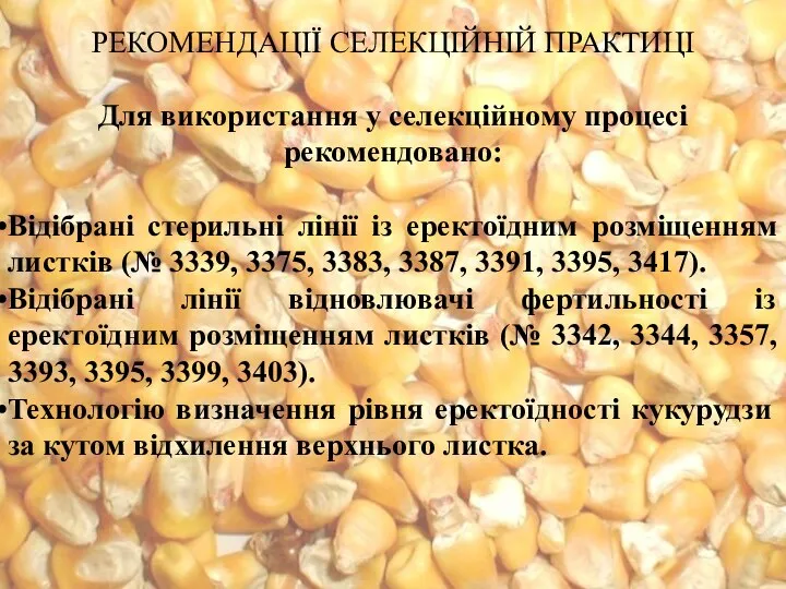 РЕКОМЕНДАЦІЇ СЕЛЕКЦІЙНІЙ ПРАКТИЦІ Для використання у селекційному процесі рекомендовано: Відібрані стерильні