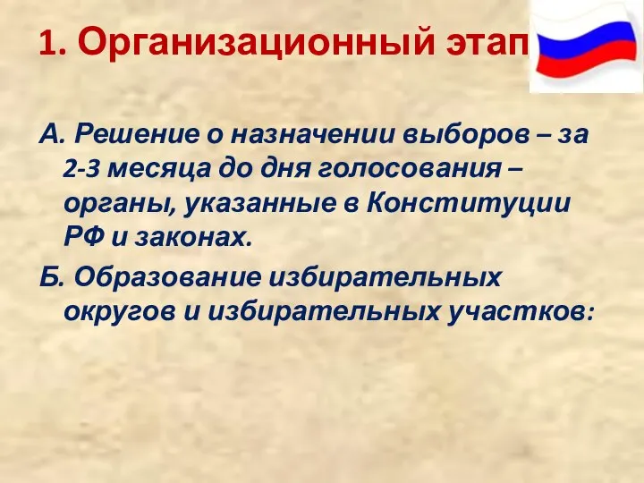 1. Организационный этап: А. Решение о назначении выборов – за 2-3