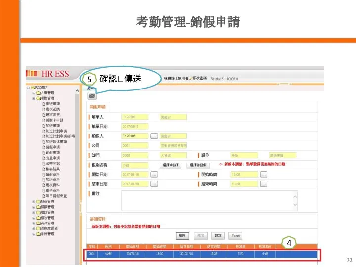 考勤管理-銷假申請 4 確認?傳送 5