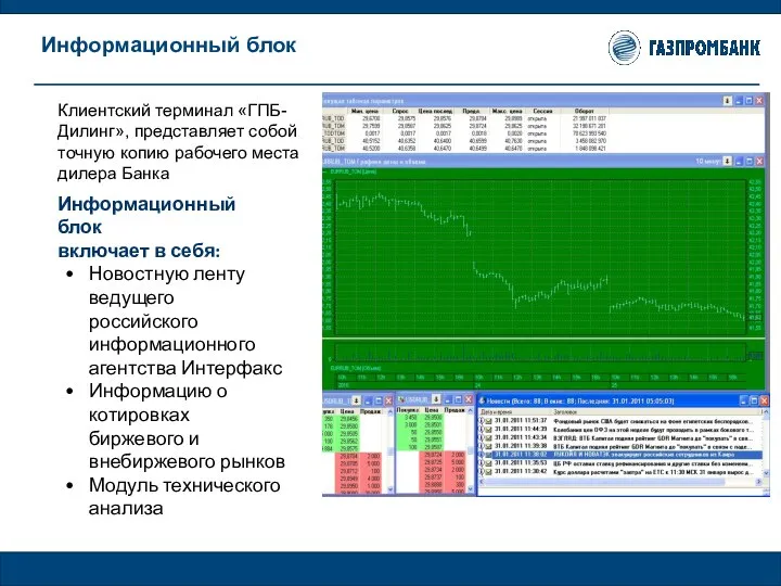 Клиентский терминал «ГПБ-Дилинг», представляет собой точную копию рабочего места дилера Банка