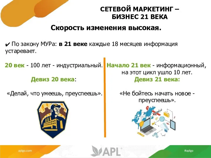 CЕТЕВОЙ МАРКЕТИНГ – БИЗНЕС 21 ВЕКА Скорость изменения высокая. ✔ По