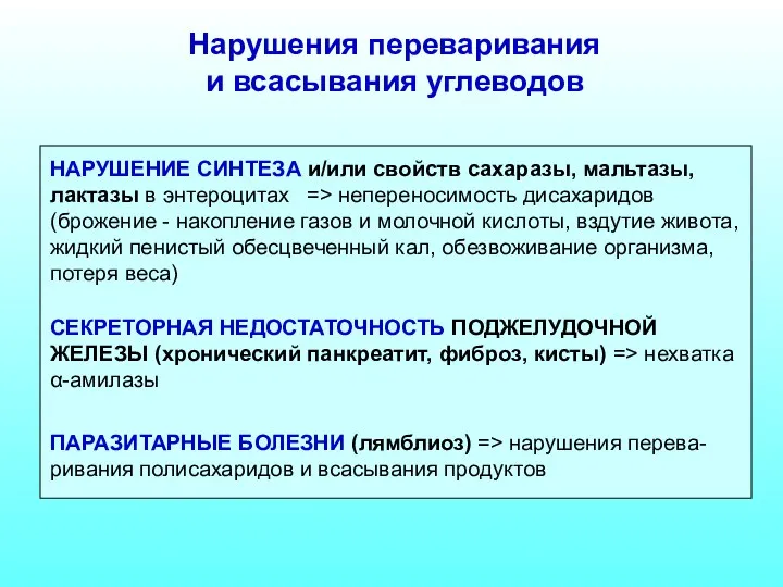 НАРУШЕНИЕ СИНТЕЗА и/или свойств сахаразы, мальтазы, лактазы в энтероцитах => непереносимость