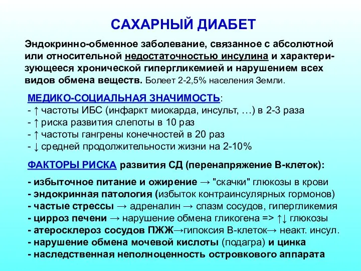 САХАРНЫЙ ДИАБЕТ Эндокринно-обменное заболевание, связанное с абсолютной или относительной недостаточностью инсулина