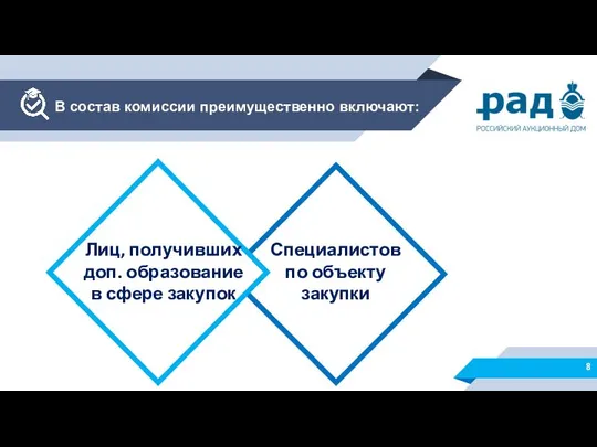 В состав комиссии преимущественно включают: Лиц, получивших доп. образование в сфере закупок Специалистов по объекту закупки