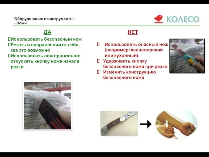 Оборудование и инструменты – - Ножи ДА Использовать безопасный нож Резать