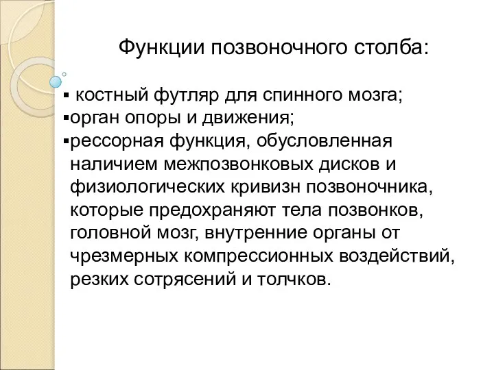 Функции позвоночного столба: костный футляр для спинного мозга; орган опоры и