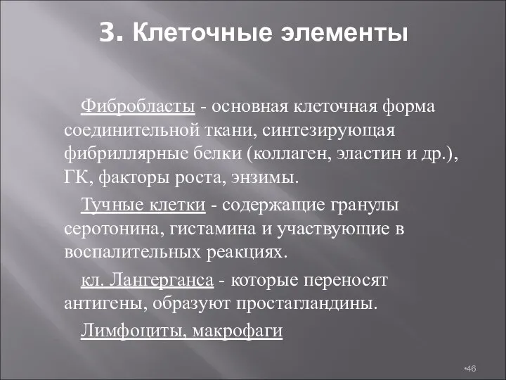 3. Клеточные элементы Фибробласты - основная клеточная форма соединительной ткани, синтезирующая