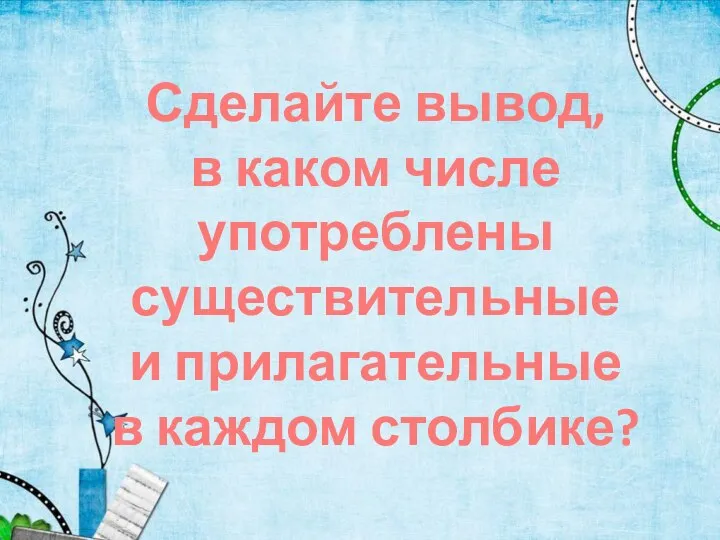 Сделайте вывод, в каком числе употреблены существительные и прилагательные в каждом столбике?