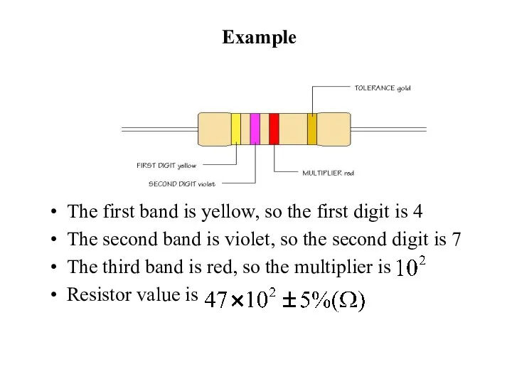 Example The first band is yellow, so the first digit is