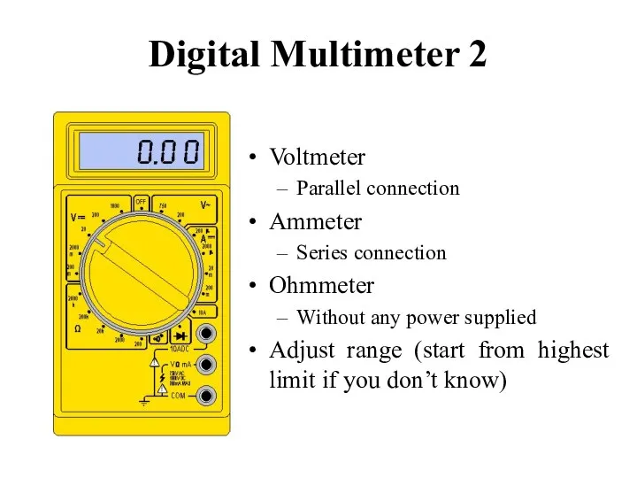 Digital Multimeter 2 Voltmeter Parallel connection Ammeter Series connection Ohmmeter Without