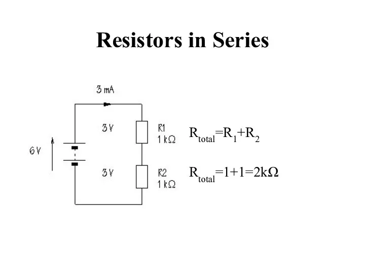 Resistors in Series Rtotal=R1+R2 Rtotal=1+1=2kΩ