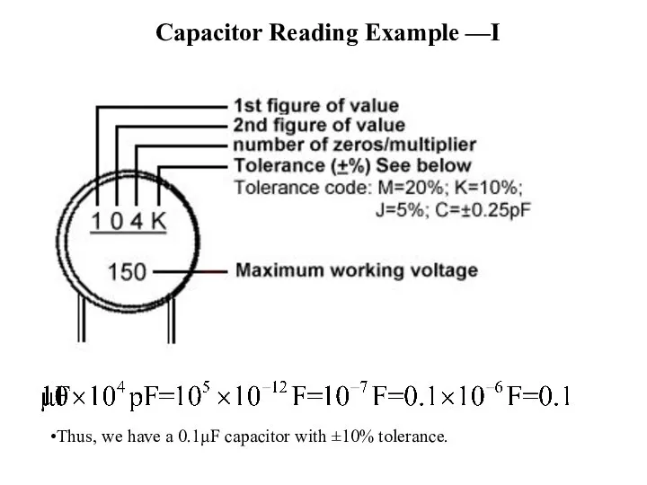 Capacitor Reading Example —I Thus, we have a 0.1μF capacitor with ±10% tolerance.