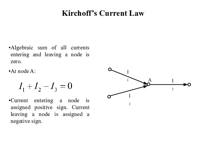 Kirchoff’s Current Law Algebraic sum of all currents entering and leaving