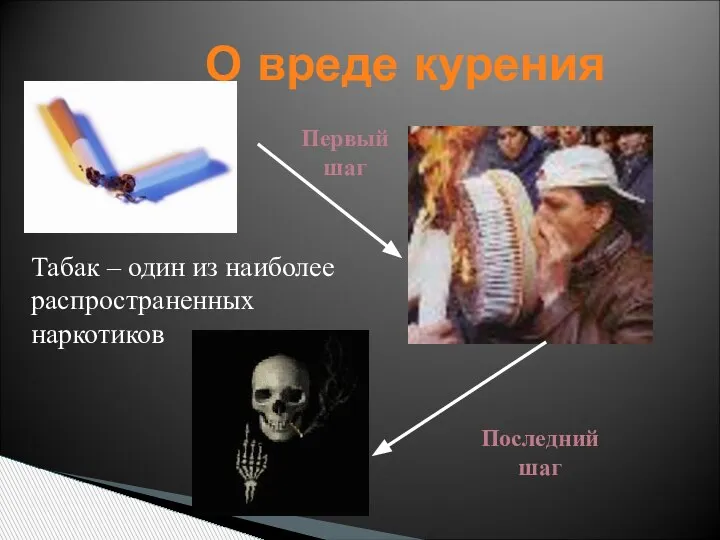 О вреде курения Табак – один из наиболее распространенных наркотиков Первый шаг Последний шаг