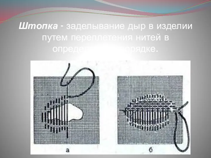 Штопка - заделывание дыр в изделии путем переплетения нитей в определенном порядке.