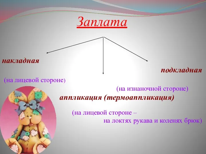 Заплата накладная подкладная (на лицевой стороне) (на изнаночной стороне) аппликация (термоаппликация)