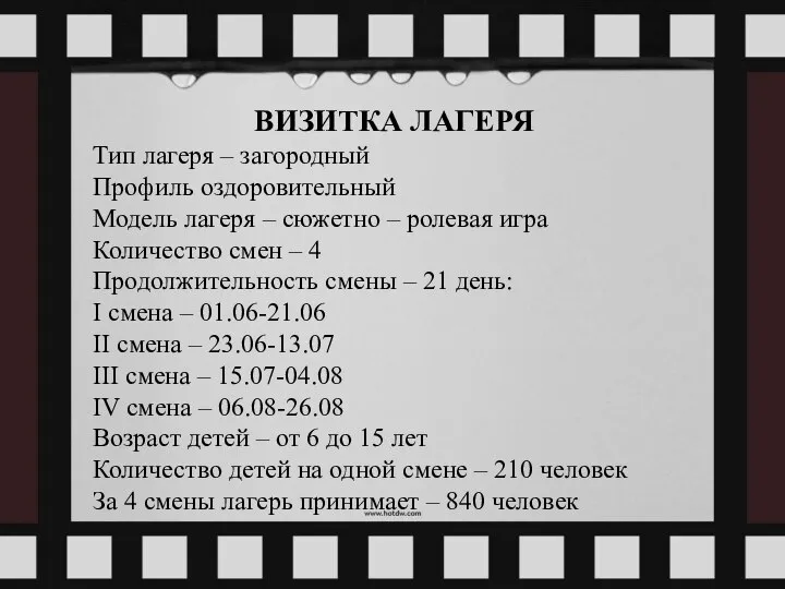 ВИЗИТКА ЛАГЕРЯ Тип лагеря – загородный Профиль оздоровительный Модель лагеря –