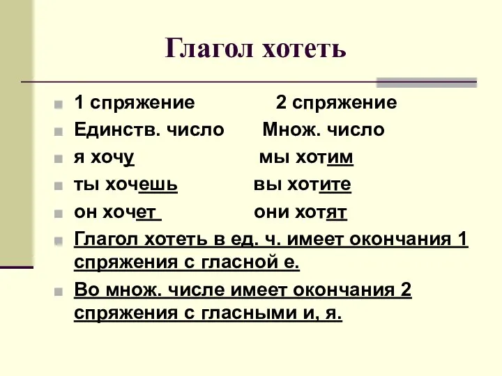 Глагол хотеть 1 спряжение 2 спряжение Единств. число Множ. число я