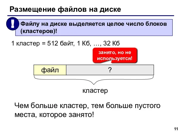 Размещение файлов на диске 1 кластер = 512 байт, 1 Кб,