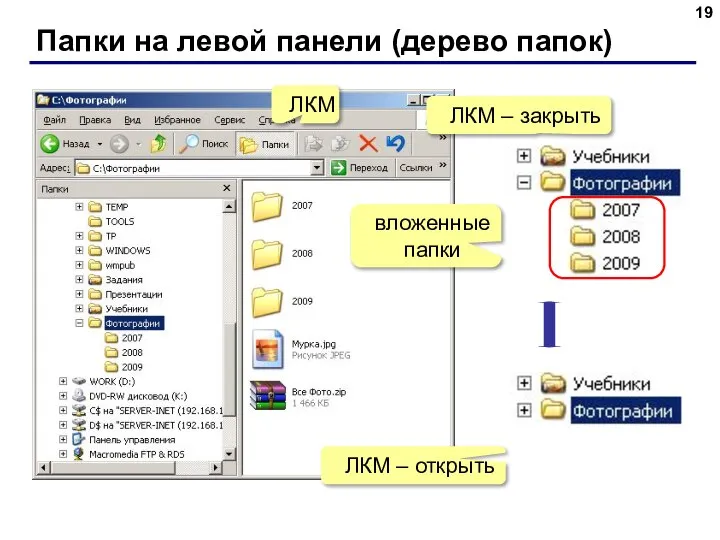 Папки на левой панели (дерево папок) ЛКМ ЛКМ – закрыть вложенные папки ЛКМ – открыть