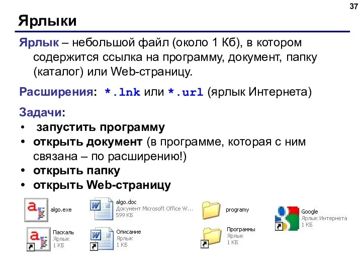 Ярлыки Ярлык – небольшой файл (около 1 Кб), в котором содержится