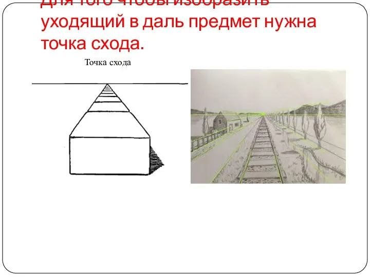 Для того чтобы изобразить уходящий в даль предмет нужна точка схода. Точка схода