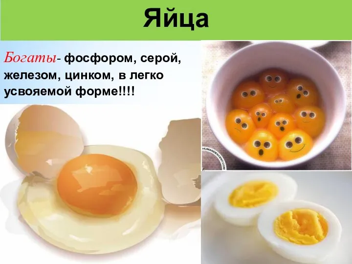 Яйца Богаты- фосфором, серой, железом, цинком, в легко усвояемой форме!!!! .