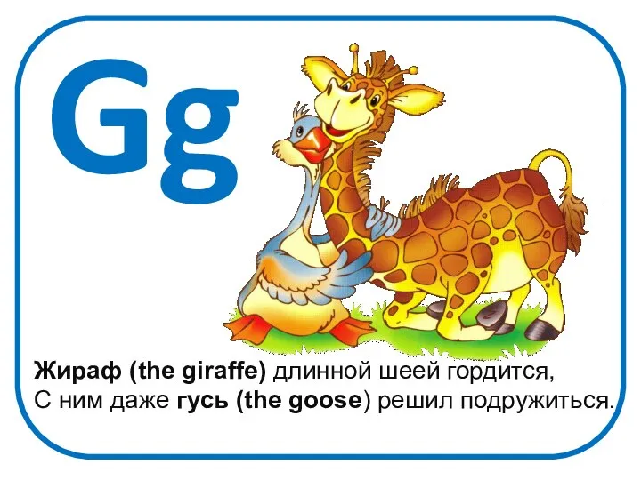 Gg Жираф (the giraffe) длинной шеей гордится, С ним даже гусь (the goose) решил подружиться.