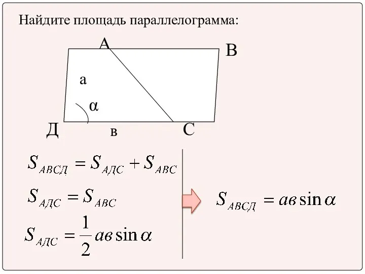 А В Д С а в α Найдите площадь параллелограмма: