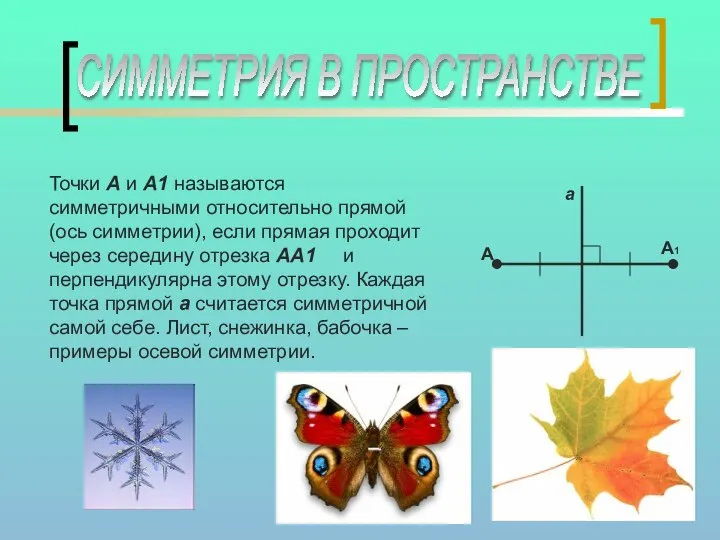 СИММЕТРИЯ В ПРОСТРАНСТВЕ Точки А и А1 называются симметричными относительно прямой