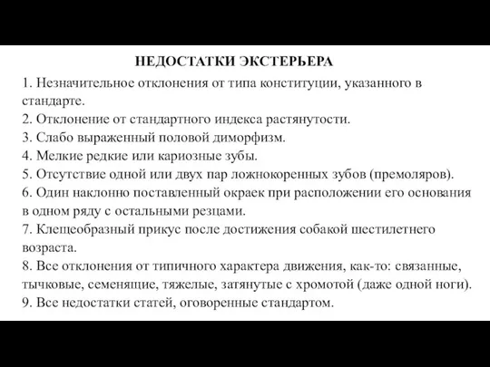 НЕДОСТАТКИ ЭКСТЕРЬЕРА 1. Незначительное отклонения от типа конституции, указанного в стандарте.