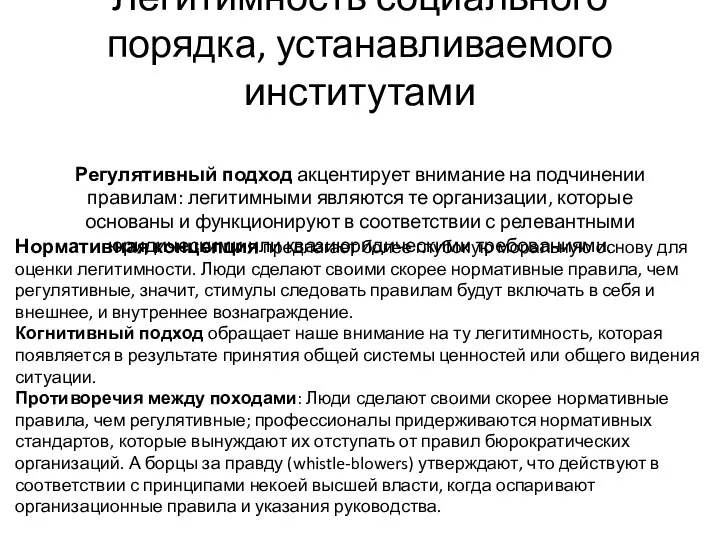 Легитимность социального порядка, устанавливаемого институтами Регулятивный подход акцентирует внимание на подчинении