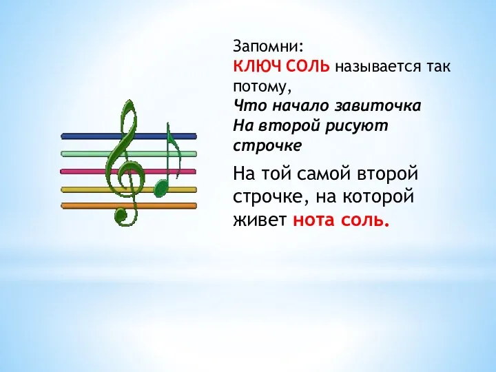 Запомни: КЛЮЧ СОЛЬ называется так потому, Что начало завиточка На второй