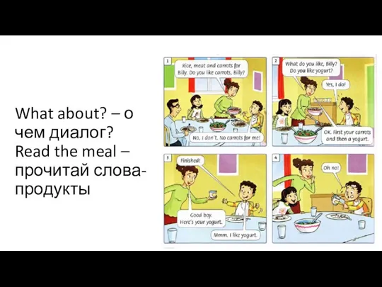 What about? – о чем диалог? Read the meal – прочитай слова-продукты