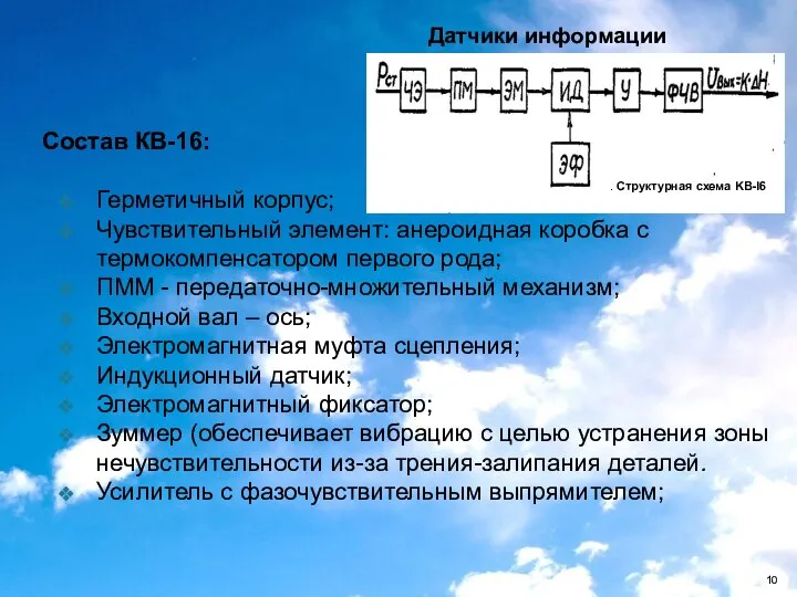 Состав КВ-16: Герметичный корпус; Чувствительный элемент: анероидная коробка с термокомпенсатором первого