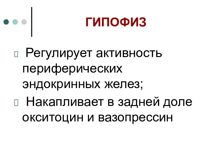 ГИПОФИЗ Регулирует активность периферических эндокринных желез; Накапливает в задней доле окситоцин и вазопрессин