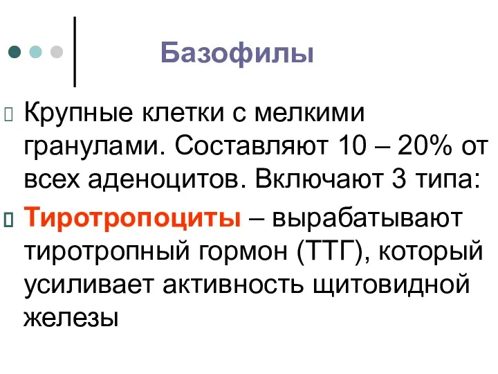 Базофилы Крупные клетки с мелкими гранулами. Составляют 10 – 20% от