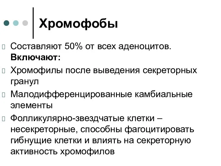 Хромофобы Составляют 50% от всех аденоцитов. Включают: Хромофилы после выведения секреторных