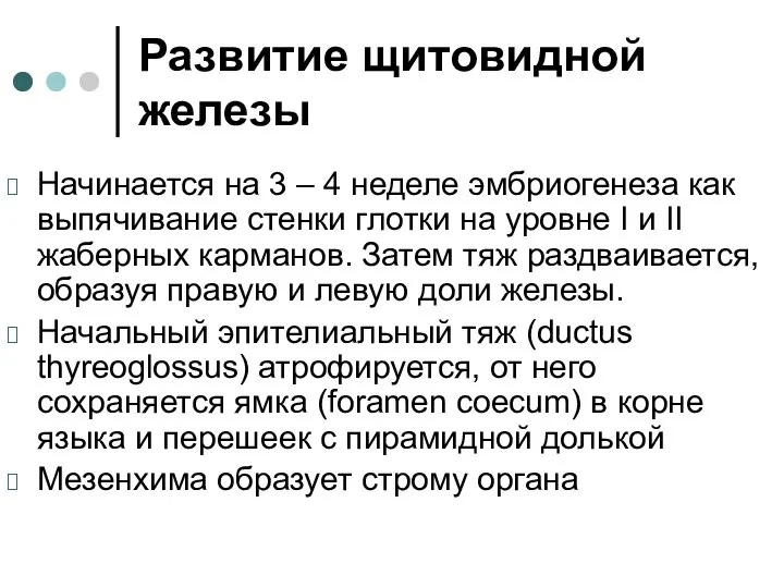 Развитие щитовидной железы Начинается на 3 – 4 неделе эмбриогенеза как