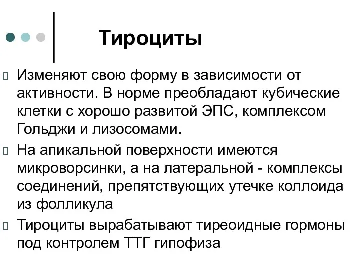 Тироциты Изменяют свою форму в зависимости от активности. В норме преобладают