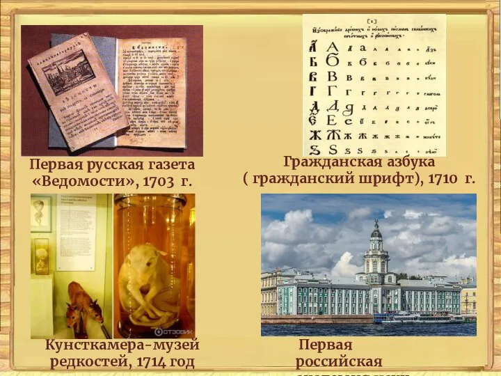 Первая русская газета «Ведомости», 1703 г. Гражданская азбука ( гражданский шрифт),