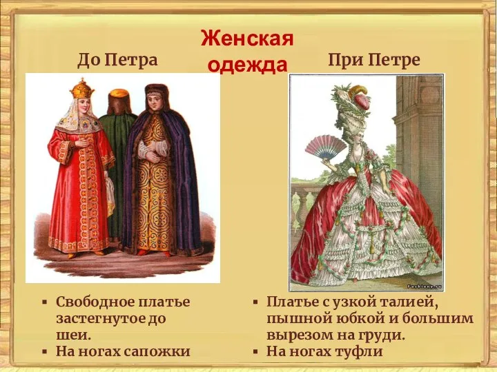 Женская одежда До Петра I При Петре I Свободное платье застегнутое