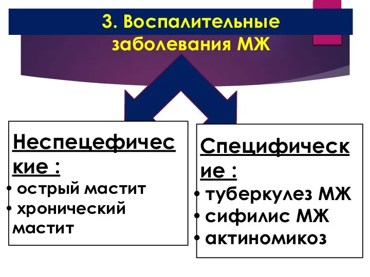 3. Воспалительные заболевания МЖ Неспецефические : острый мастит хронический мастит Специфические