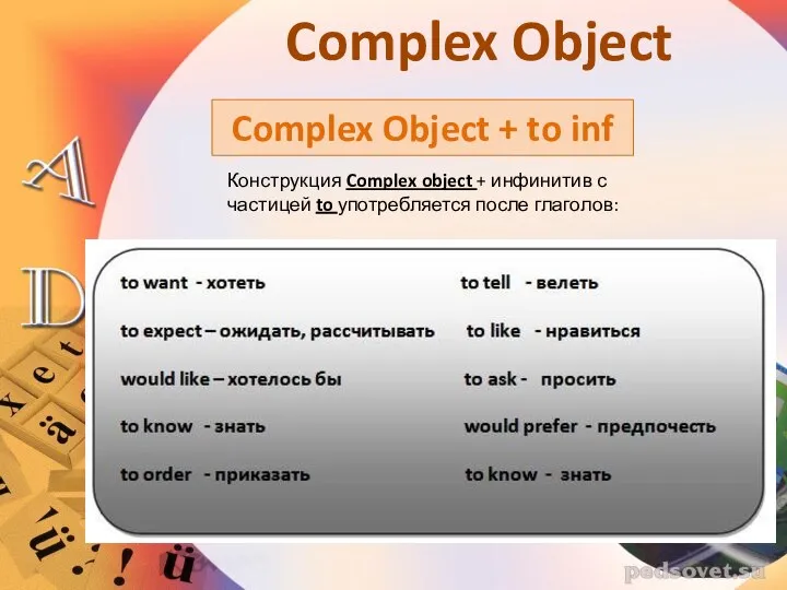 Complex Object + to inf Complex Object Конструкция Complex object +