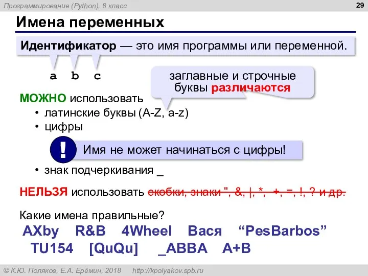 Имена переменных Идентификатор — это имя программы или переменной. a b